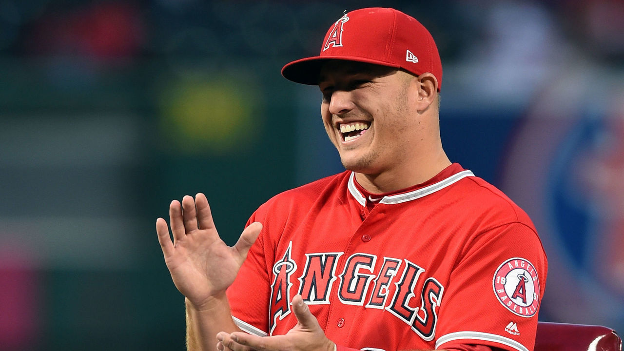 ANAHEIM, CA - APRIL 08: Los Angeles Angels of Anaheim Center field Mike Trout (27) during Trout's ceremony to receive his 2016 MVP and Silver Slugger awards during an MLB game between the Seattle Mariners and the Los Angeles Angeles of Anaheim on April 08, 2017 at Angel Stadium of Anaheim in Anaheim, CA.