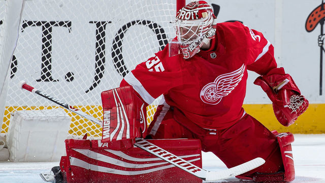 DETROIT, MI - FEBRUARY 14: Jimmy Howard #35 of the Detroit Red Wings reacts to a shot by the Ottawa Senators during an NHL game at Little Caesars Arena on February 14, 2019 in Detroit, Michigan. Detroit defeated Ottawa 3-2.