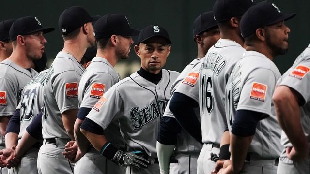 TOKYO, JAPAN - MARCH 20: Outfielder Ichiro Suzuki #51 of the Seattle Mariners is seen as players line up for the national anthems prior to the game between Seattle Mariners and Oakland Athletics at Tokyo Dome on March 20, 2019 in Tokyo, Japan.