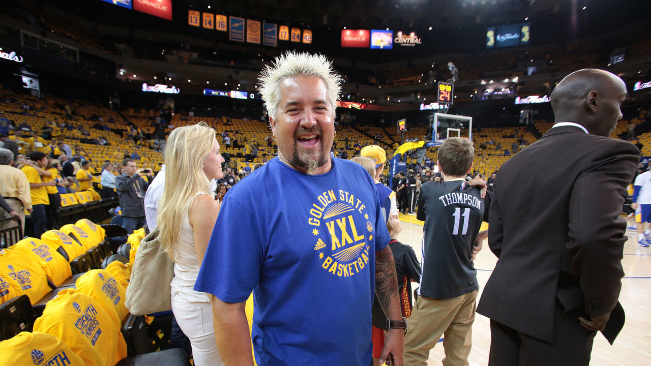OAKLAND, CA - JUNE 4: Celebrity Chef Guy Fieri takes in the game of the Cleveland Cavaliers against the Golden State Warriors in Game One of the 2015 NBA Finals on June 4, 2015 at Oracle Arena in Oakland, California. NOTE TO USER: User expressly acknowledges and agrees that, by downloading and or using this photograph, user is consenting to the terms and conditions of Getty Images License Agreement. Mandatory Copyright Notice: Copyright 2015 NBAE