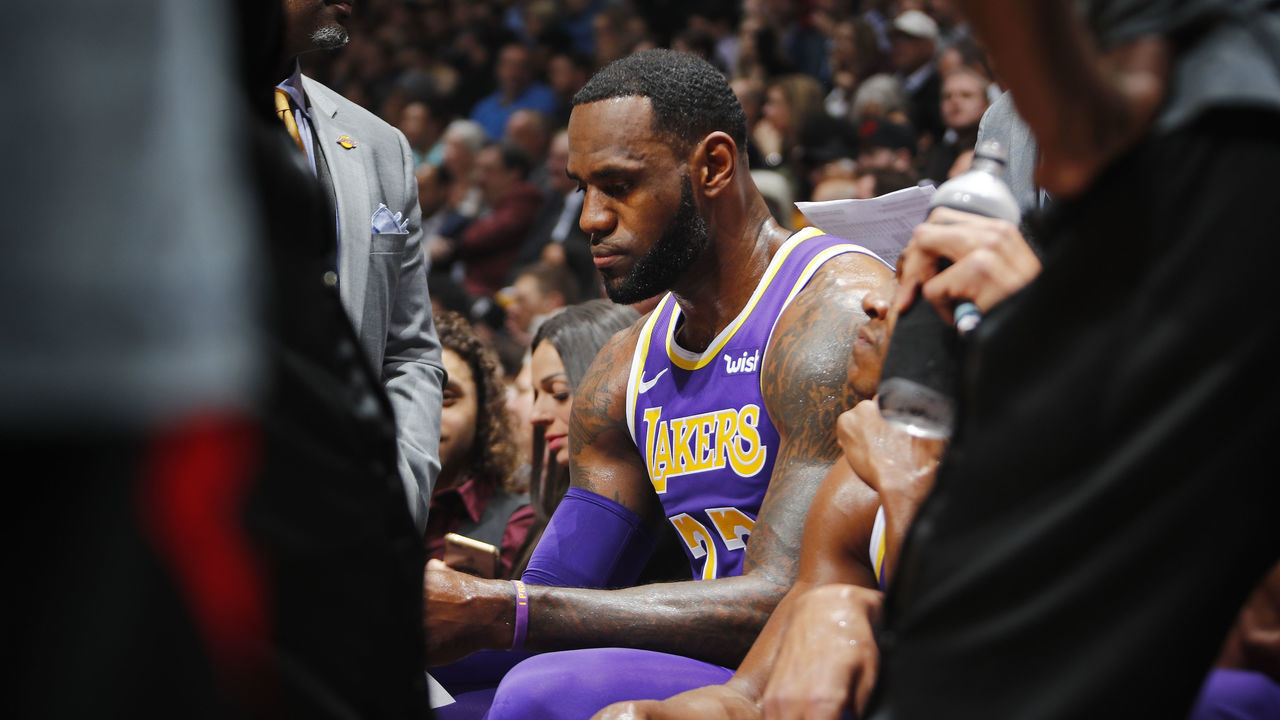 TORONTO, CANADA - MARCH 14: LeBron James #23 of the Los Angeles Lakers looks on during a game against the Toronto Raptors on March 14, 2019 at the Scotiabank Arena in Toronto, Ontario, Canada. Mandatory Copyright Notice: Copyright 2019 NBAE