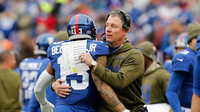 EAST RUTHERFORD, NJ - NOVEMBER 18: (NEW YORK DAILIES OUT) Head coach Pat Shurmur and Odell Beckham #13 of the New York Giants of the New York Giants in action against the Tampa Bay Buccaneers on November 18, 2018 at MetLife Stadium in East Rutherford, New Jersey. The Giants defeated the Buccaneers 38-35.