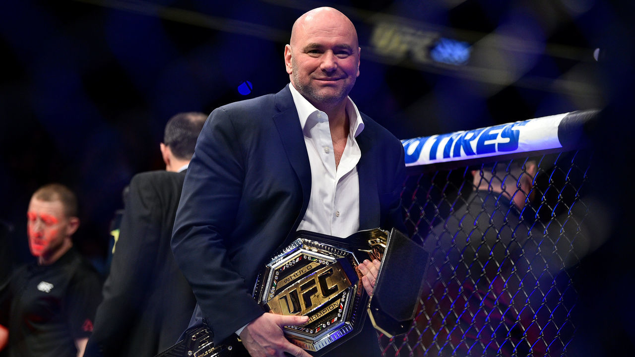 LAS VEGAS, NEVADA - MARCH 02: UFC President Dana White holds the UFC Legacy championship belt during the UFC 235 event at T-Mobile Arena on March 2, 2019 in Las Vegas, Nevada.