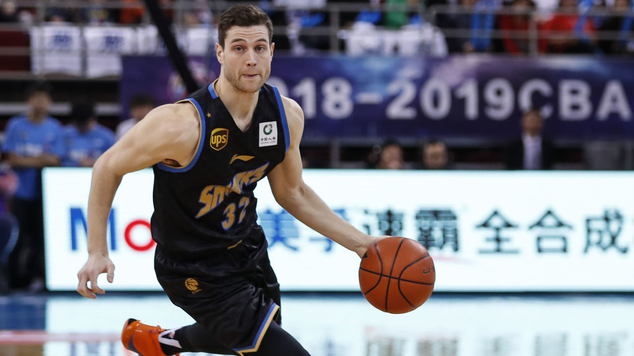 BEIJING, CHINA - MARCH 16: Jimmer Fredette #32 of Shanghai Sharks in action during Chinese Basketball Association (CBA) League 2018/2019 Beijing Ducks v Shanghai Sharks - 2018/2019 CBA League at Cadillac Center on March 16, 2019 in Beijing, China.