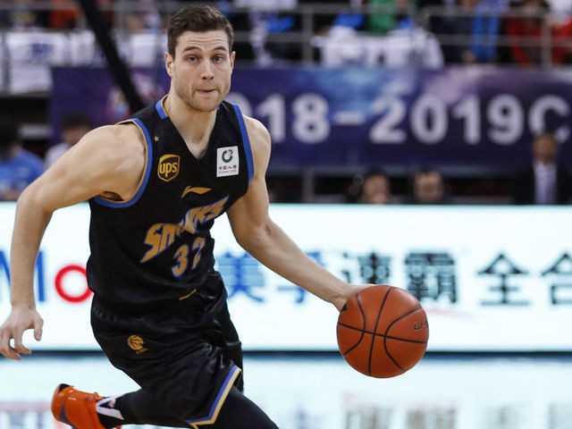 BEIJING, CHINA - MARCH 16: Jimmer Fredette #32 of Shanghai Sharks in action during Chinese Basketball Association (CBA) League 2018/2019 Beijing Ducks v Shanghai Sharks - 2018/2019 CBA League at Cadillac Center on March 16, 2019 in Beijing, China.