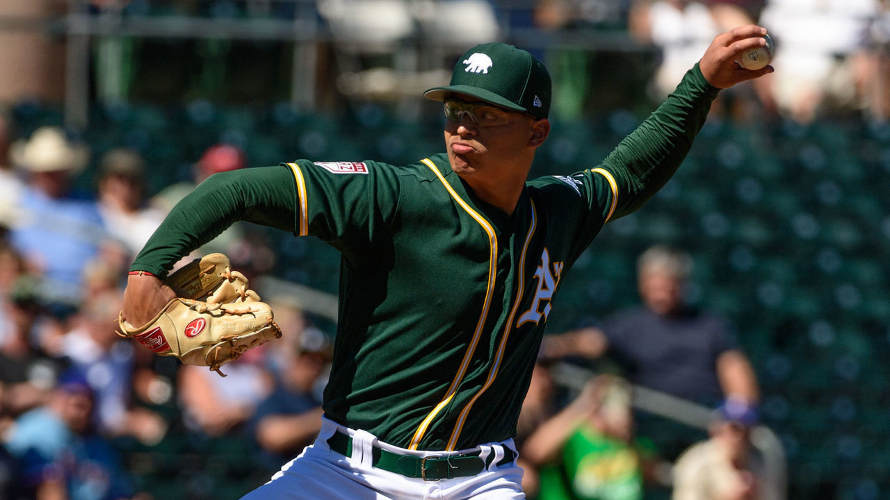 MESA, ARIZONA - MARCH 05: Jesus Luzardo #44 of the Oakland Athletics delivers a pitch during the spring training game against the Texas Rangers at HoHoKam Stadium on March 05, 2019 in Mesa, Arizona.