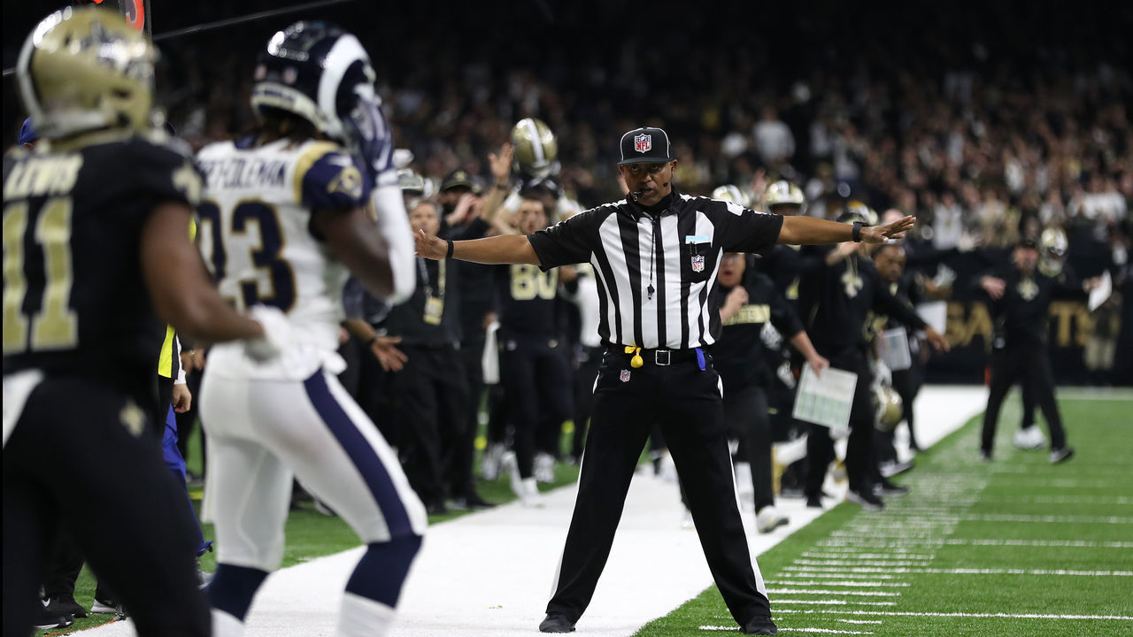 NEW ORLEANS, LOUISIANA - JANUARY 20: A referee watches as Tommylee Lewis #11 of the New Orleans Saints drops a pass broken up by Nickell Robey-Coleman #23 of the Los Angeles Rams during the fourth quarter in the NFC Championship game at the Mercedes-Benz Superdome on January 20, 2019 in New Orleans, Louisiana. at Mercedes-Benz Superdome on January 20, 2019 in New Orleans, Louisiana.