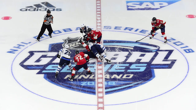 HELSINKI, FINLAND - NOVEMBER 01: An overall of the opening face-off in the first period during the 2018 NHL Global Series game between the Winnipeg Jets and Florida Panthers at Hartwall Arena on November 1, 2018 in Helsinki, Finland.
