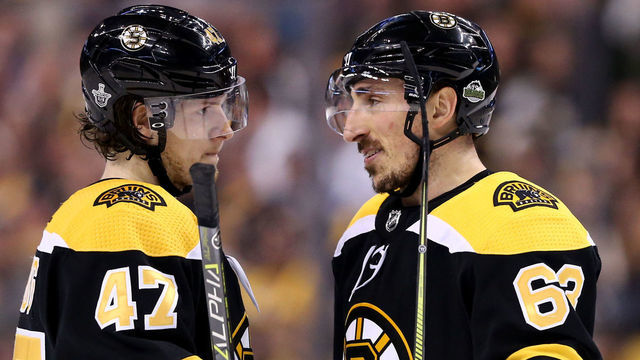 BOSTON, MA - APRIL 21: Torey Krug #47 of the Boston Bruins talks with Brad Marchand #63 during the first period of Game Five of the Eastern Conference First Round in the 2018 Stanley Cup play-offs against the Toronto Maple Leafs at TD Garden on April 21, 2018 in Boston, Massachusetts.