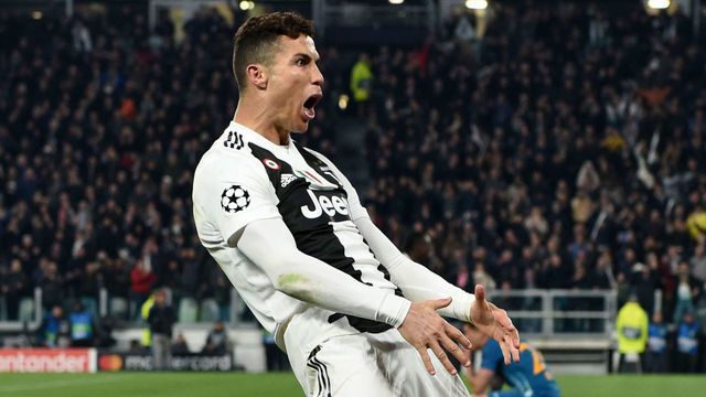 TURIN, ITALY - MARCH 12: Cristiano Ronaldo of Juventus celebrates the victory at the end of the UEFA Champions League Round of 16 Second Leg match between Juventus and Club de Atletico Madrid at Allianz Stadium on March 12, 2019 in Turin, .