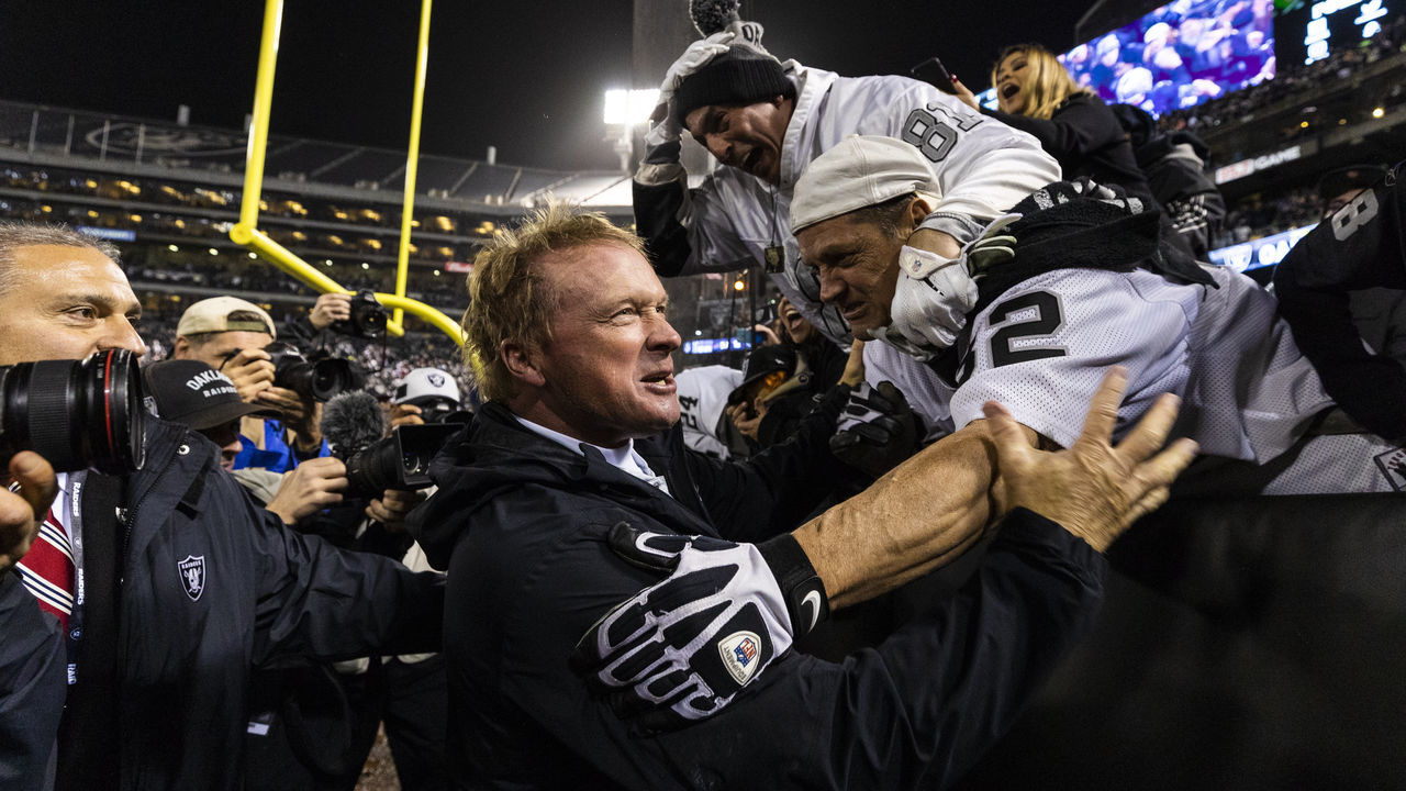 OAKLAND, CA - DECEMBER 24: Oakland Raiders head coach Jon Gruden yells during the regular season NFL football game against the Oakland Raiders on Monday, Dec. 24, 2018 at the Oakland-Alameda County Coliseum in Oakland, Calif.