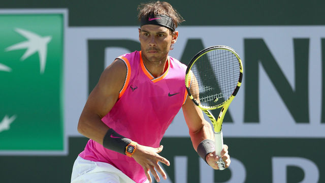 INDIAN WELLS, CALIFORNIA - MARCH 15: Rafael Nadal of Spain plays Karen Khachanov of Russia during the quarterfinals of the BNP Paribas Open at the Indian Wells Tennis Garden on March 15, 2019 in Indian Wells, California.