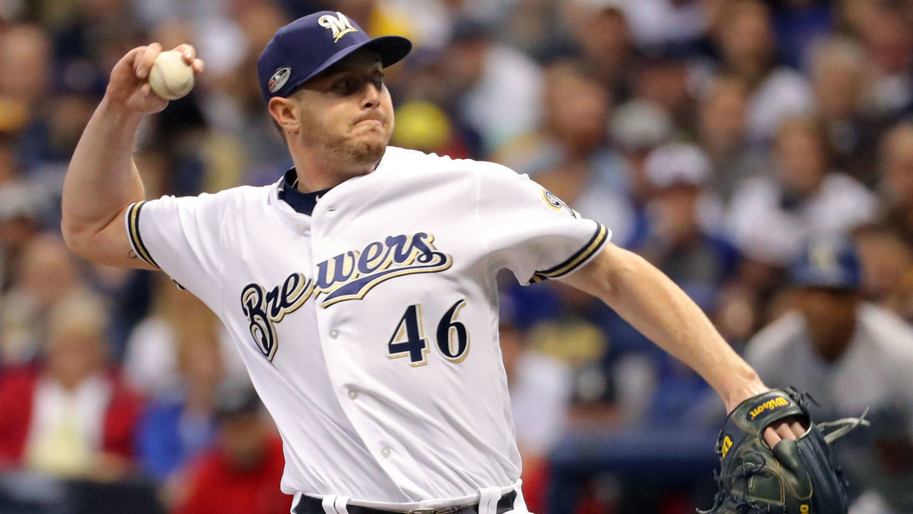 MILWUAKEE, WI - OCTOBER 20: Corey Knebel #46 of the Milwaukee Brewers pitches during Game 7 of the NLCS against the Los Angeles Dodgers at Miller Park on Saturday, October, 20, 2018 in Milwaukee, Wisconsin.