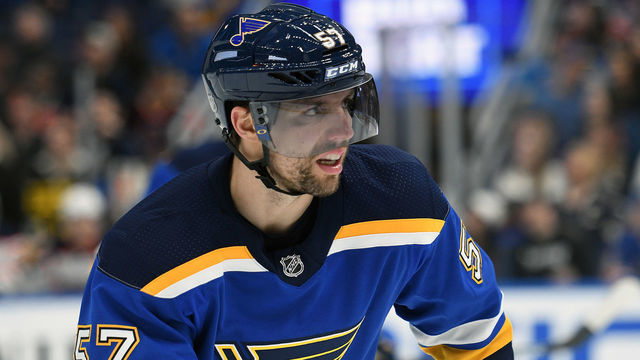 ST. LOUIS, MO - MARCH 19: St. Louis Blues leftwing David Perron (57) during an NHL game between the Edmonton Oilers and the St. Louis Blues on March 19, 2019, at Enterprise Center, St. Louis, MO.
