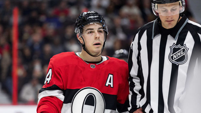 OTTAWA, ON - MARCH 14: Ottawa Senators Center Jean-Gabriel Pageau (44) talks to a linesman as he waits for a face-off during first period National Hockey League action between the St. Louis Blues and Ottawa Senators on March 14, 2019, at Canadian Tire Centre in Ottawa, ON, Canada.