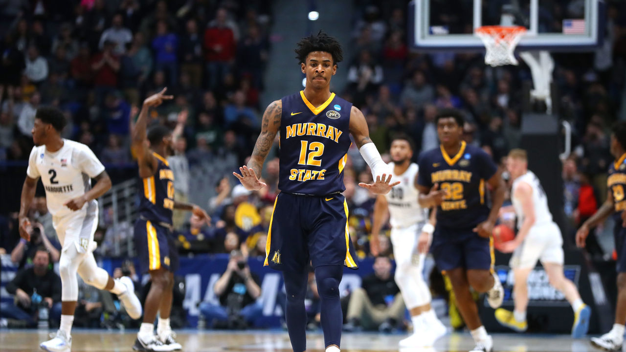 HARTFORD, CONNECTICUT - MARCH 21: Ja Morant #12 of the Murray State Racers celebrates scoring at the end of the first half during the first round game of the 2019 NCAA Men's Basketball Tournament against the Marquette Golden Eagles at XL Center on March 21, 2019 in Hartford, Connecticut.