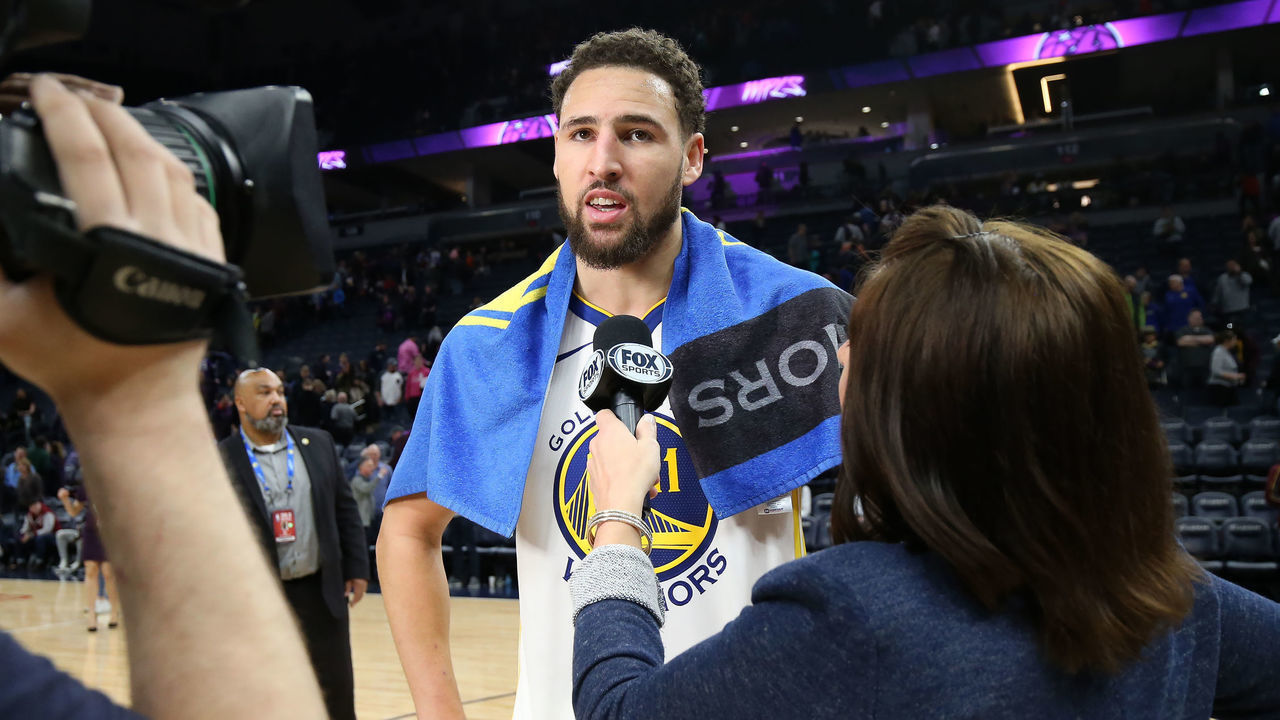 MINNEAPOLIS, MN - MARCH 19: Klay Thompson #11 of the Golden State Warriors talks with media after the game against the Minnesota Timberwolves on March 19, 2019 at Target Center in Minneapolis, Minnesota. Mandatory Copyright Notice: Copyright 2019 NBAE