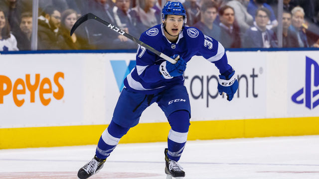 TORONTO, ON - MARCH 11: Yanni Gourde #37 of the Tampa Bay Lightning skates against the Tampa Bay Lightning during the first period at the Scotiabank Arena on March 11, 2019 in Toronto, Ontario, Canada.