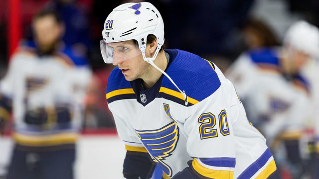 OTTAWA, ON - MARCH 14: St. Louis Blues Winger Alexander Steen (20) during warm-up before National Hockey League action between the St. Louis Blues and Ottawa Senators on March 14, 2019, at Canadian Tire Centre in Ottawa, ON, Canada.