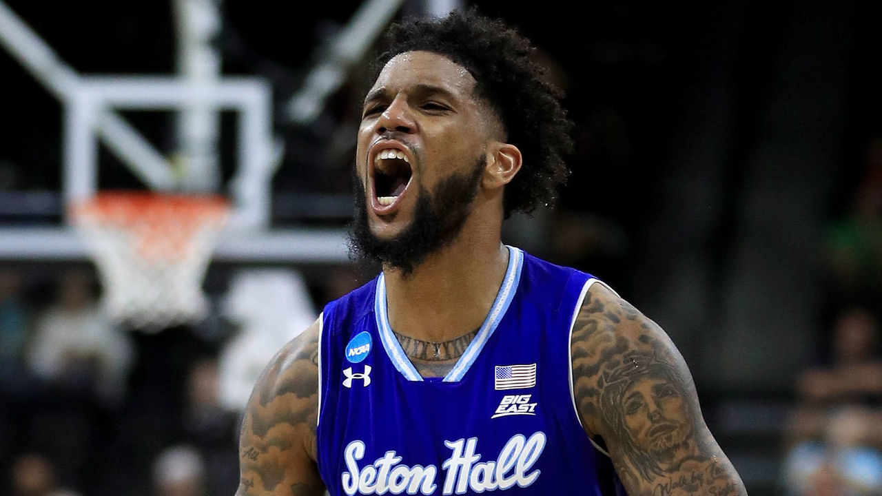 JACKSONVILLE, FLORIDA - MARCH 21: Myles Powell #13 of the Seton Hall Pirates reacts in the second half against the Wofford Terriers during the first round of the 2019 NCAA Men's Basketball Tournament at Jacksonville Veterans Memorial Arena on March 21, 2019 in Jacksonville, Florida.