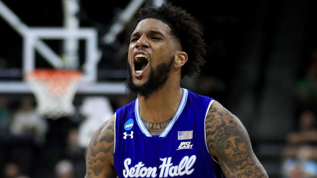 JACKSONVILLE, FLORIDA - MARCH 21: Myles Powell #13 of the Seton Hall Pirates reacts in the second half against the Wofford Terriers during the first round of the 2019 NCAA Men's Basketball Tournament at Jacksonville Veterans Memorial Arena on March 21, 2019 in Jacksonville, Florida.
