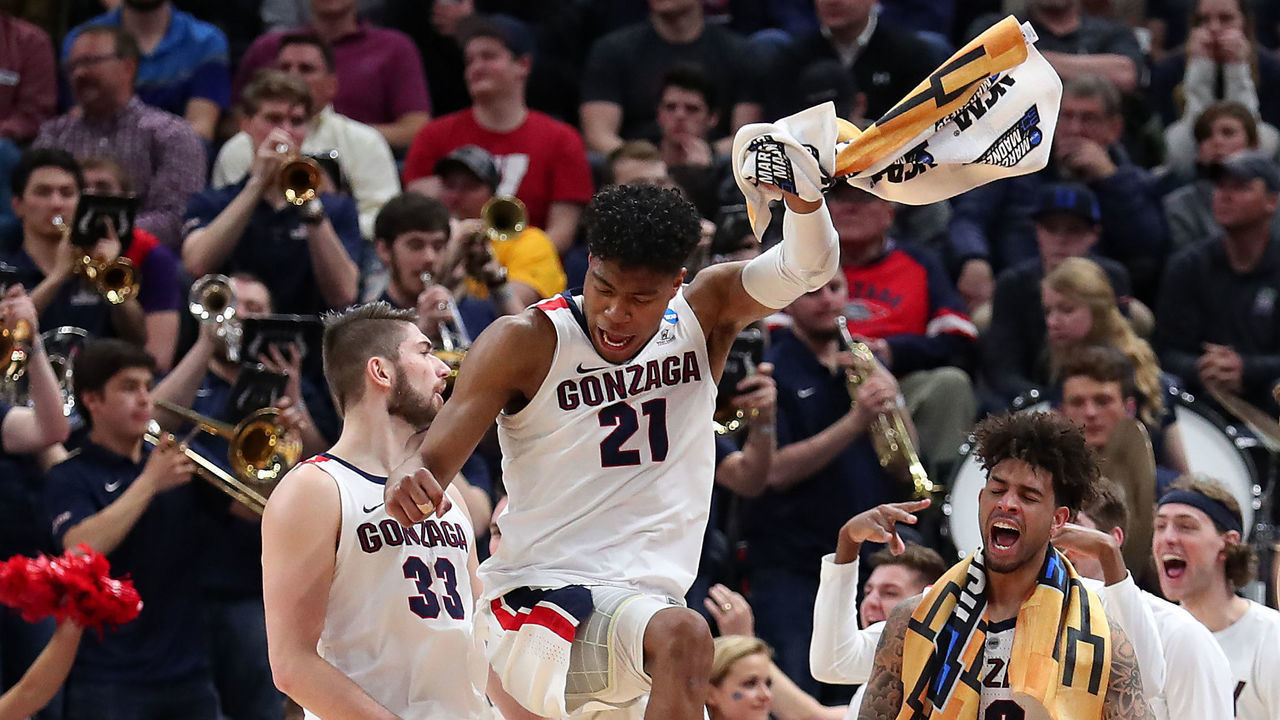 SALT LAKE CITY, UTAH - MARCH 21: Rui Hachimura #21 of the Gonzaga Bulldogs and teammate Killian Tillie #33 celebrate against the Fairleigh Dickinson Knights during the first half in the first round of the 2019 NCAA Men's Basketball Tournament at Vivint Smart Home Arena on March 21, 2019 in Salt Lake City, Utah. The Gonzaga Bulldogs won 87-49.