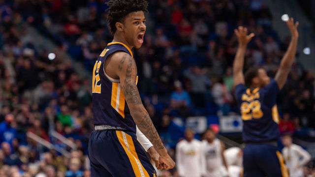 HARTFORD, CT - MARCH 21: Murray State Racers guard Ja Morant (12) reacts during the second half of the NCAA Division I Men's Championship first round college basketball game between the Marquette Golden Eagles and the Murray State Racers on March 21, 2019 at XL Center in Hartford, CT.