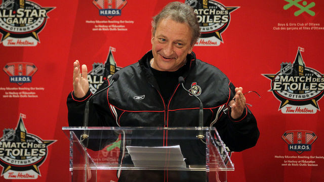 OTTAWA, ON - JANUARY 28: Owner, governor and chairman Eugene Melnyk of the Ottawa Senators speaks from podium during the 2012 NHL All-Star Game - H.E.R.O.S. Community Program Launch at Rideau Hall on January 28, 2012 in Ottawa, Ontario, Canada.