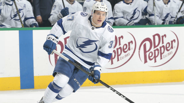 DALLAS, TX - JANUARY 15: Yanni Gourde #37 of the Tampa Bay Lightning skates against the Dallas Stars at the American Airlines Center on January 15, 2019 in Dallas, Texas.