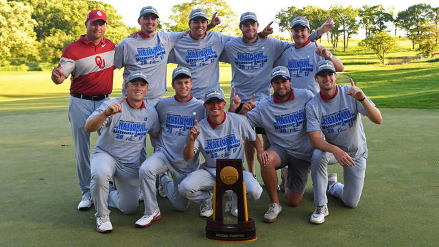 SUGAR GROVE, IL - MAY 31: The Oklahoma Sooners pose for a photo with the trophy after defeating the Oregon Ducks in final round of the NCAA Division I Men's Golf Championship on May 31, 2017, at Rich Harvest Farms in Sugar Grove, IL.
