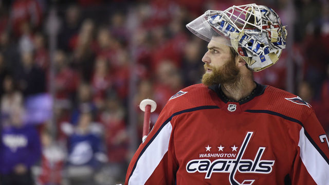 WASHINGTON, DC - MARCH 20: Braden Holtby #70 of the Washington Capitals looks on in the second period against the Tampa Bay Lightning at Capital One Arena on March 20, 2019 in Washington, DC.
