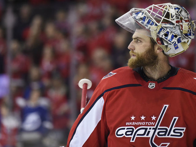 WASHINGTON, DC - MARCH 20: Braden Holtby #70 of the Washington Capitals looks on in the second period against the Tampa Bay Lightning at Capital One Arena on March 20, 2019 in Washington, DC.