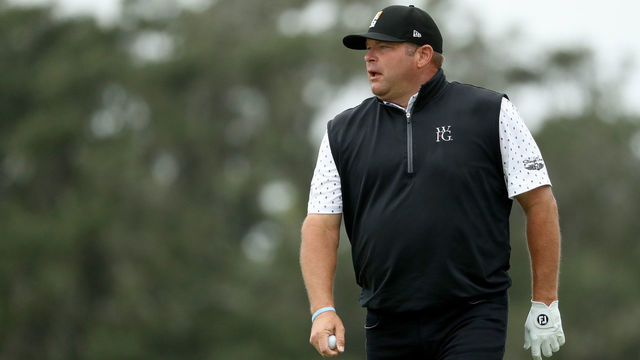 ST SIMONS ISLAND, GEORGIA - NOVEMBER 18: Jason Gore of the United States reacts after chipping in on the first green during the final round of the RSM Classic at the Sea Island Golf Club Seaside Course on November 18, 2018 in St. Simons Island, Georgia.