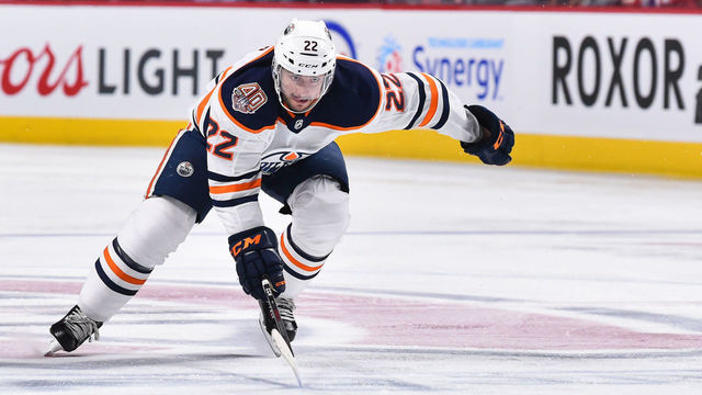 MONTREAL, QC - FEBRUARY 03: Tobias Rieder #22 of the Edmonton Oilers skates after the puck against the Montreal Canadiens during the NHL game at the Bell Centre on February 3, 2019 in Montreal, Quebec, Canada. The Montreal Canadiens defeated the Edmonton Oilers 4-3 in overtime.