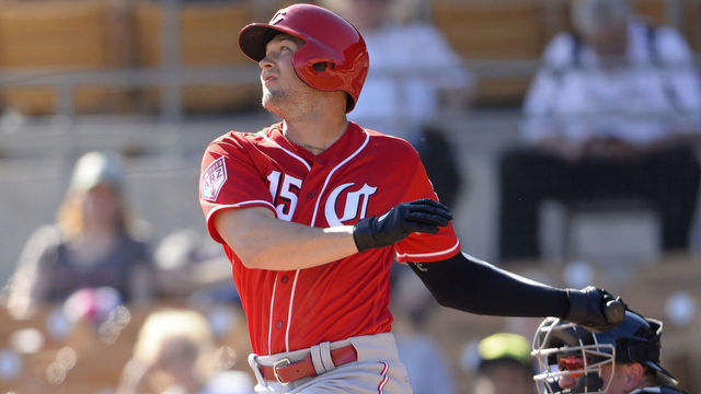 GLENDALE, ARIZONA - FEBRUARY 27: Nick Senzel #15 of the Cincinnati Reds bats against the Chicago White Sox on February 27, 2019 at Camelback Ranch in Glendale Arizona.