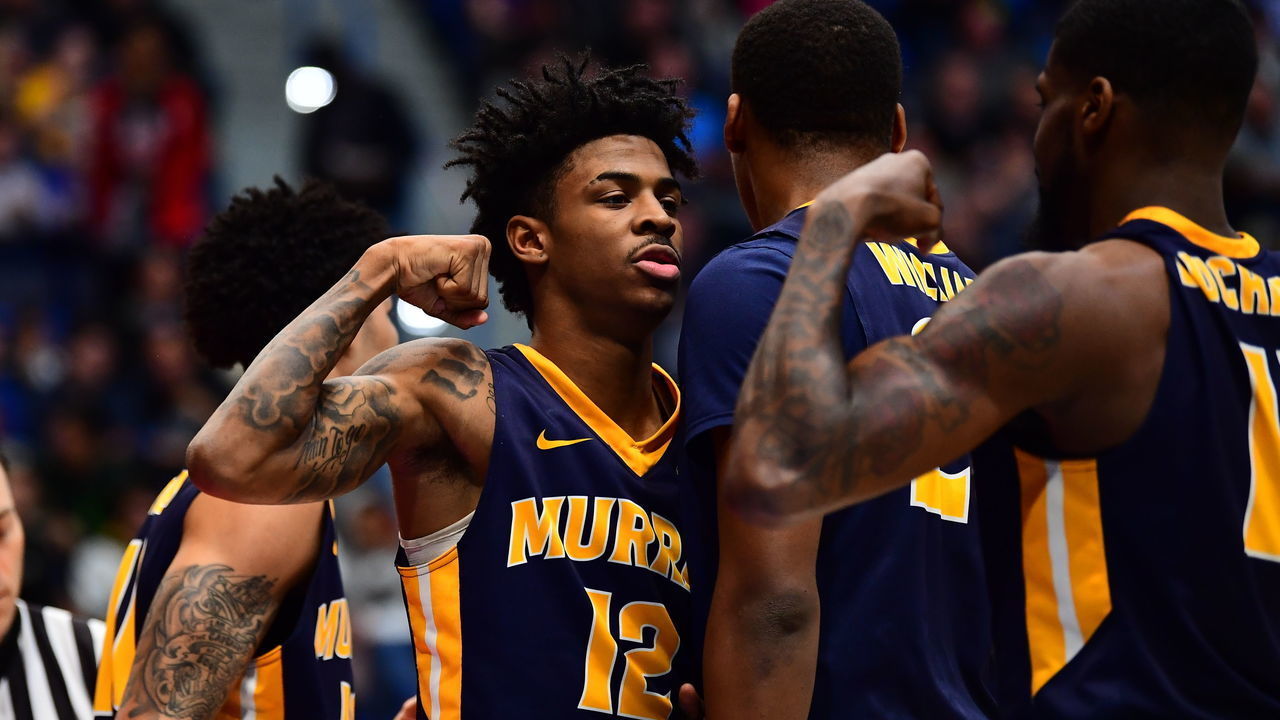 HARTFORD, CT - MARCH 21: Ja Morant #12 of the Murray State Racers flexes with his teammates during a game against the Marquette Golden Eagles in the first round of the 2019 NCAA Men's Basketball Tournament held at XL Center on March 21, 2019 in Hartford, Connecticut.
