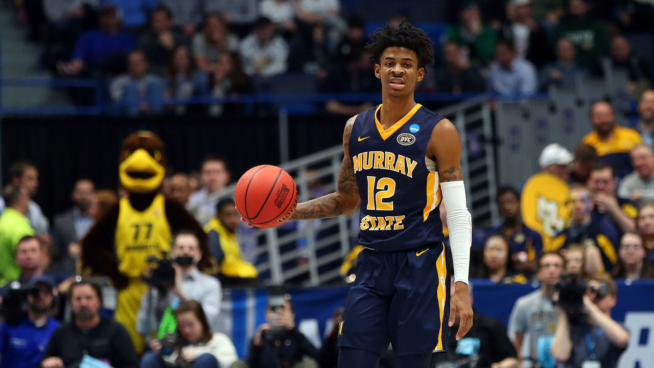 HARTFORD, CT - MARCH 21: Murray State Racers guard Ja Morant (12) with the ball during the basketball game between Murray State Racers and Marquette Golden Eagles on March 21, 2019, at the XL Center in Hartford, CT.