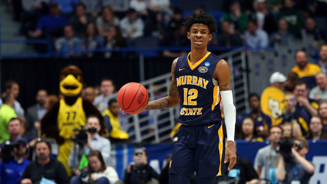 HARTFORD, CT - MARCH 21: Murray State Racers guard Ja Morant (12) with the ball during the basketball game between Murray State Racers and Marquette Golden Eagles on March 21, 2019, at the XL Center in Hartford, CT.