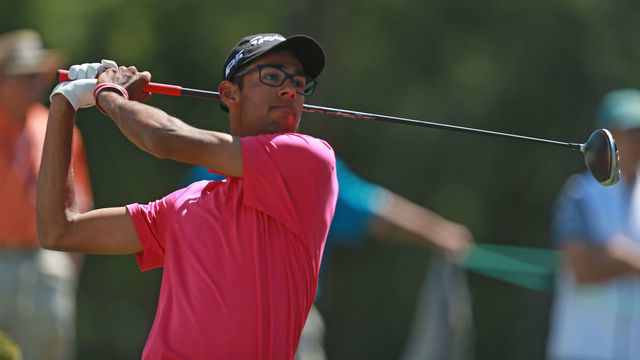 PALM HARBOR, FLORIDA - MARCH 22: Amateur Akashay Bhatia watches his tee shot on the 18th hole during the second round of the Valspar Championship on the Copperhead course at Innisbrook Golf Resort on March 22, 2019 in Palm Harbor, Florida.