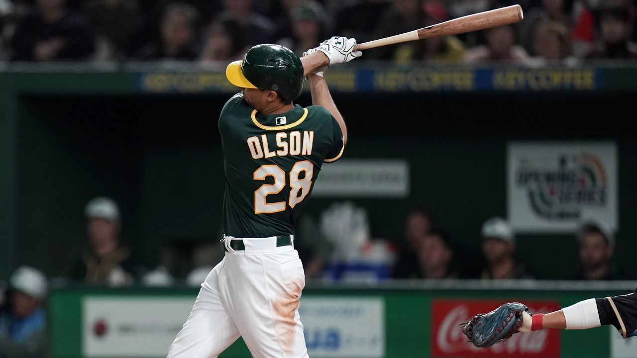 TOKYO, JAPAN - MARCH 17: Infielder Matt Olson #28 of the Oakland Athletics hits a single in the top of 3rd innig during the game between Hokkaido Nippon-Ham Fighters and Oakland Athletics at Tokyo Dome on March 17, 2019 in Tokyo, Japan.