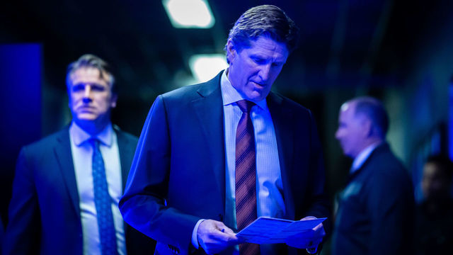 TORONTO, ON - FEBRUARY 23: Head Coach Mike Babcock of the Toronto Maple Leafs returns to the loser room after the second period against the Montreal Canadiens at the Scotiabank Arena on February 23, 2019 in Toronto, Ontario, Canada.