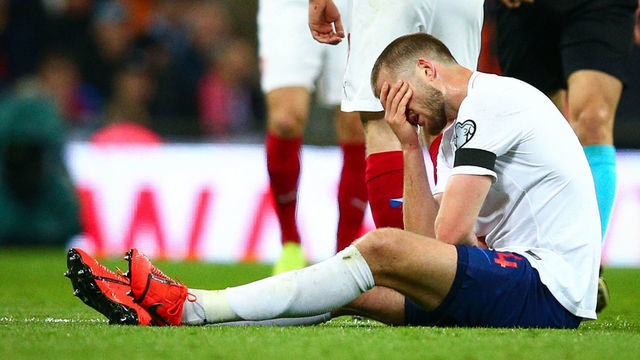 LONDON, ENGLAND - MARCH 22: Eric Dier of England looks dejected as he's down with an injury during the 2020 UEFA European Championships group A qualifying match between England and Czech Republic at Wembley Stadium on March 22, 2019 in London, United Kingdom.