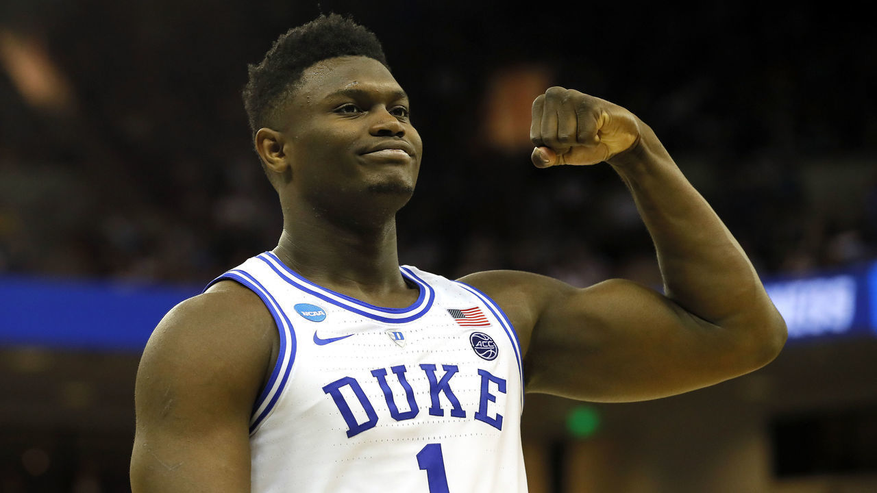 COLUMBIA, SOUTH CAROLINA - MARCH 22: Zion Williamson #1 of the Duke Blue Devils reacts after scoring a basket and drawing a foul against the North Dakota State Bison in the second half during the first round of the 2019 NCAA Men's Basketball Tournament at Colonial Life Arena on March 22, 2019 in Columbia, South Carolina.