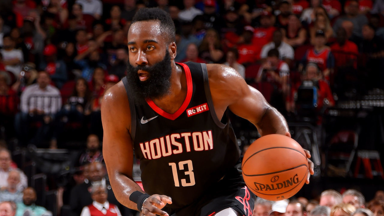 HOUSTON, TX - MARCH 22: James Harden #13 of the Houston Rockets handles the ball during the game against the San Antonio Spurs on March 22, 2019 at the Toyota Center in Houston, Texas. Mandatory Copyright Notice: Copyright 2019 NBAE