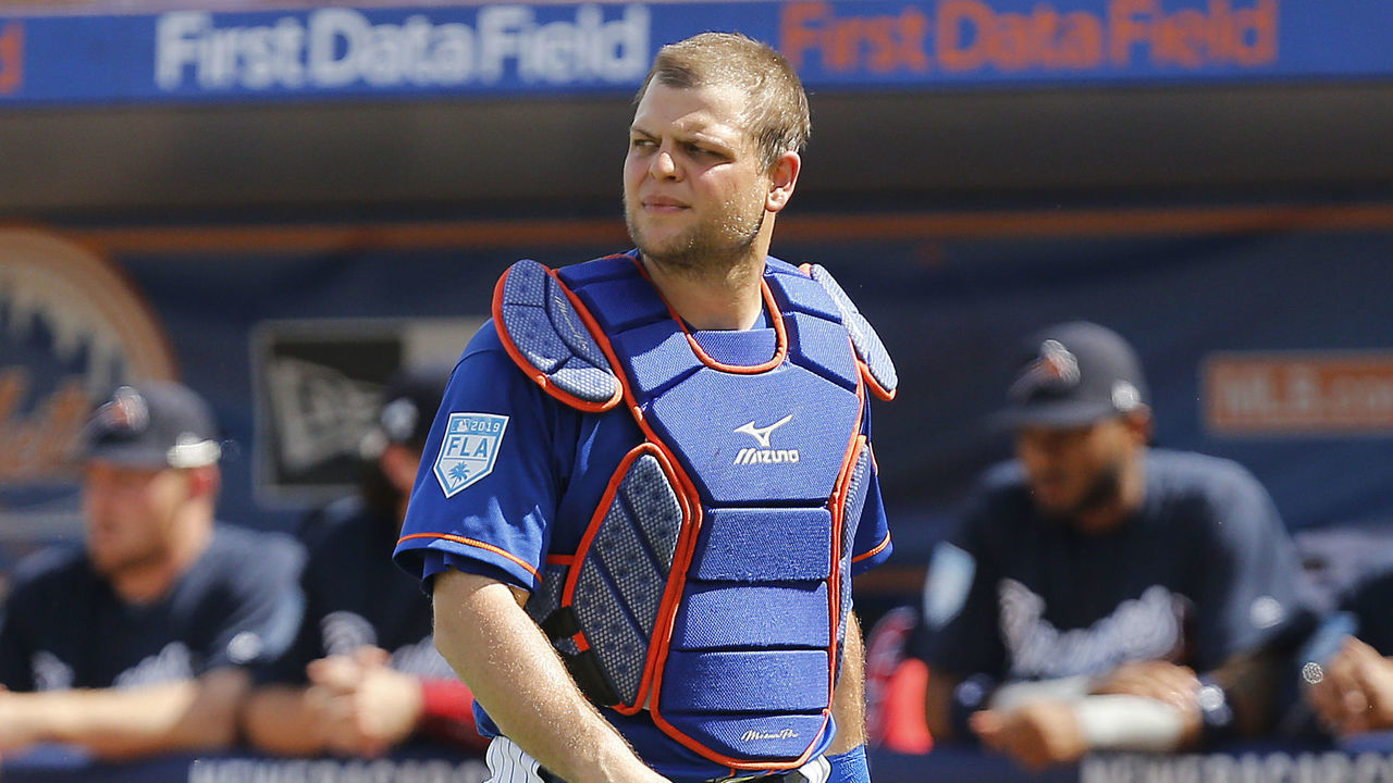 PORT ST. LUCIE, FLORIDA - FEBRUARY 23: Devin Mesoraco #29 of the New York Mets looks on against the Atlanta Braves during the Grapefruit League spring training game at First Data Field on February 23, 2019 in Port St. Lucie, Florida.