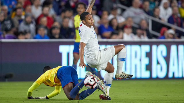 ORLANDO, FL - MARCH 21: United States midfielder Weston McKennie (8) battles with Ecuador defender Beder Caicedo (13) for the ball in game action during an International friendly match between the United States and Ecuador on March 21, 2019 at Orlando City Stadium in Orlando, FL.