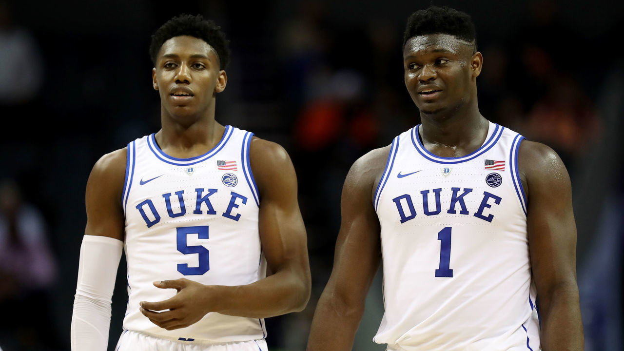 CHARLOTTE, NORTH CAROLINA - MARCH 14: Teammates Zion Williamson #1 and RJ Barrett #5 of the Duke Blue Devils react against the Syracuse Orange during their game in the quarterfinal round of the 2019 Men's ACC Basketball Tournament at Spectrum Center on March 14, 2019 in Charlotte, North Carolina.