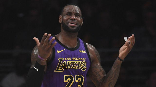 LOS ANGELES, CA - MARCH 22: LeBron James #23 of the Los Angeles Lakers reacts after a foul call against him during the first half of the basketball game against Brooklyn Nets at Staples Center on March 22, 2019 in Los Angeles, California.