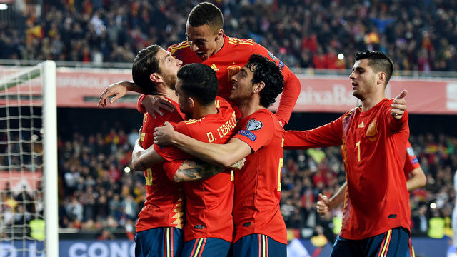 VALENCIA, SPAIN - MARCH 23: Sergio Ramos of Spain celebrates scoring his sides second goal during the 2020 UEFA European Championships group F qualifying match between Spain and Norway at Estadio de Mestalla on March 23, 2019 in Valencia, Spain.