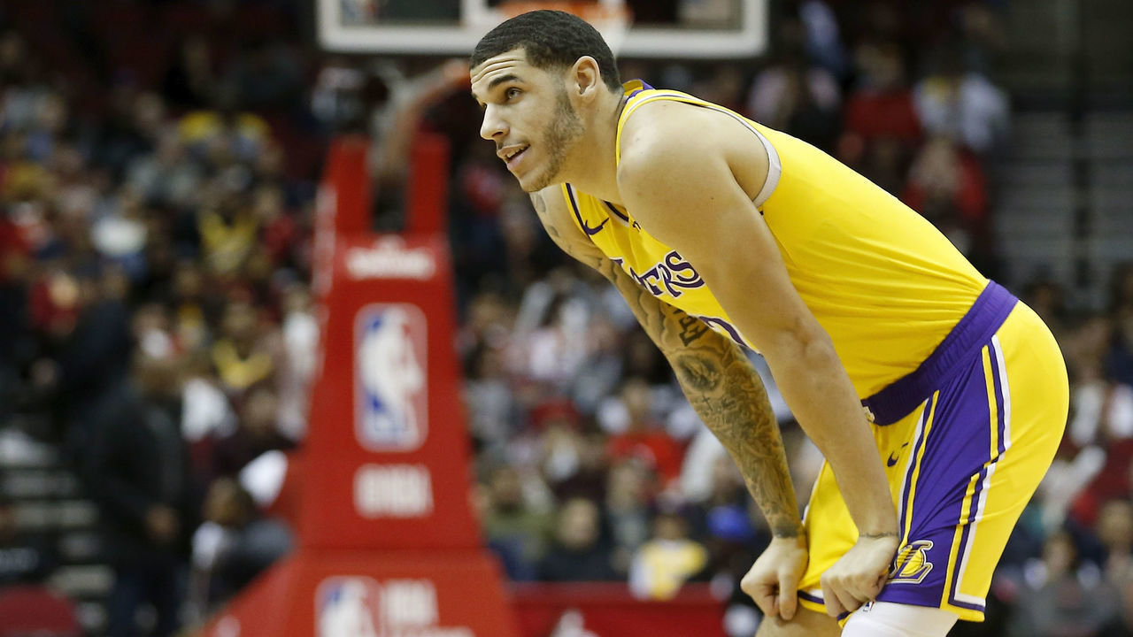 HOUSTON, TX - JANUARY 19: Lonzo Ball #2 of the Los Angeles Lakers reacts after a foul against the Houston Rockets in the first half at Toyota Center on January 19, 2019 in Houston, Texas.